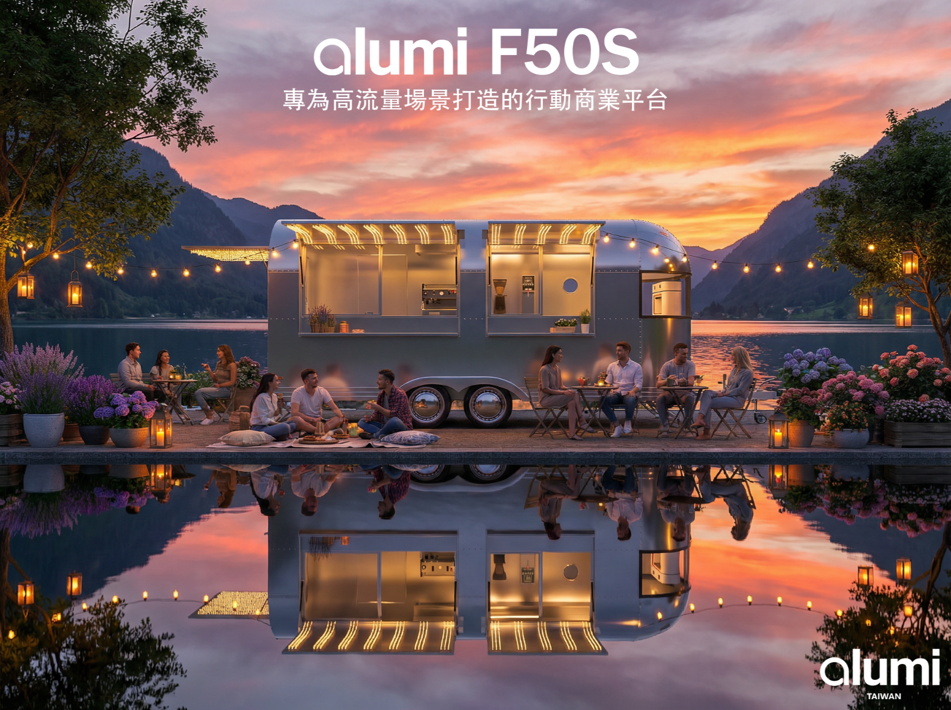 alumi 餐車 F50S 餐車情境圖（湖畔日落）｜台灣製造